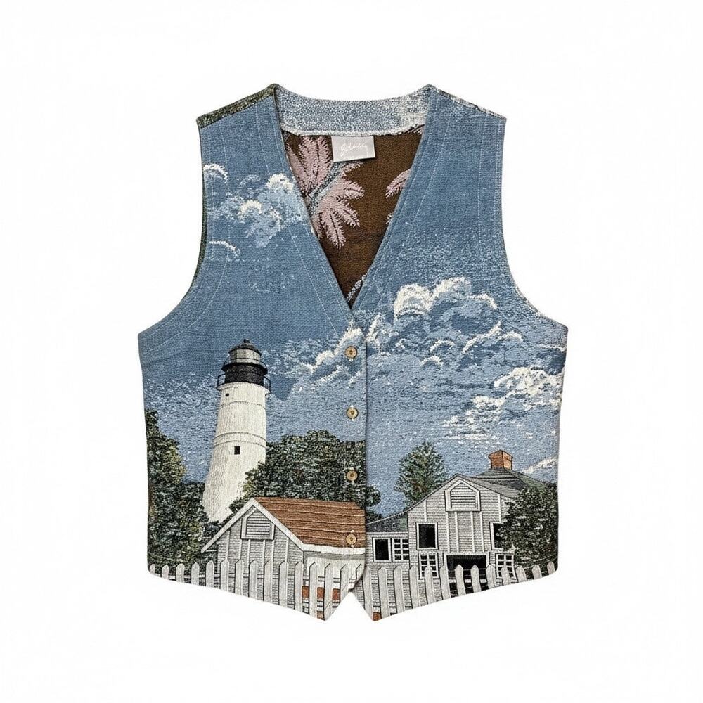 Blair Scenic Lighthouse Print Vest in Blue, White, Brown. Vintage grandmacore